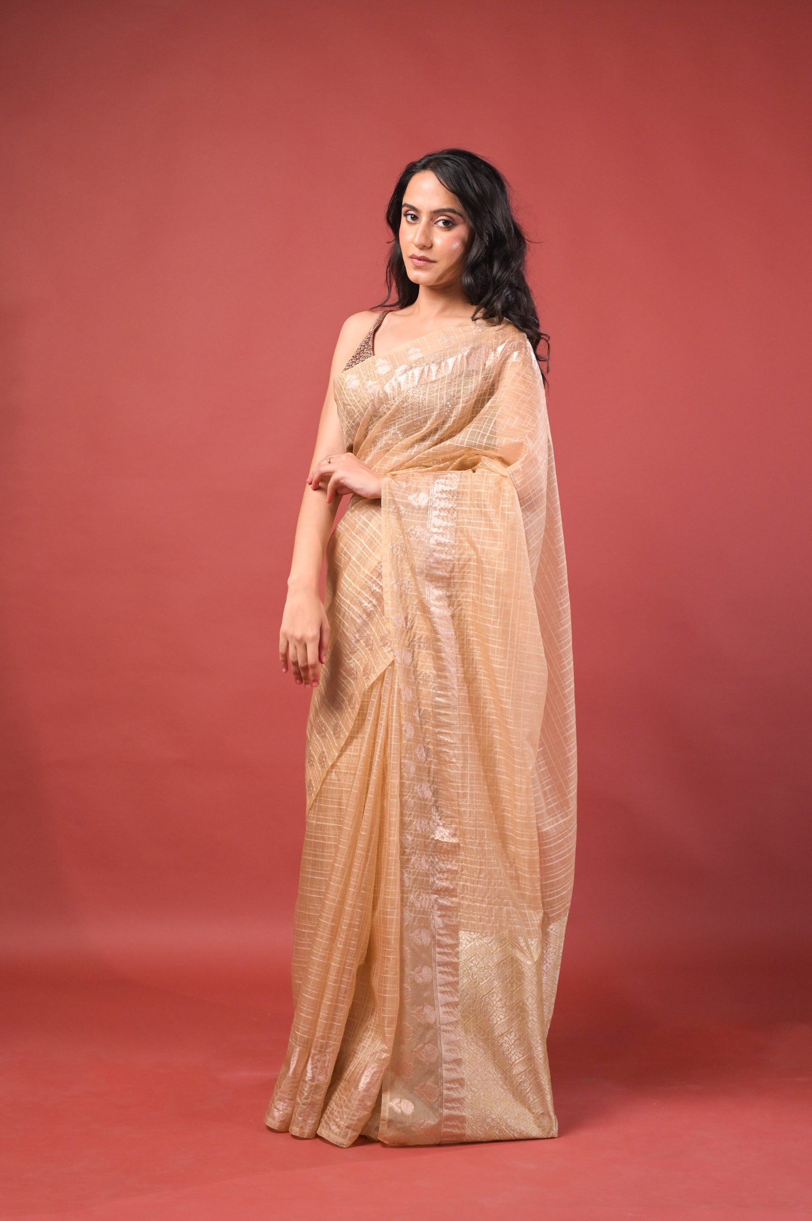Elegant Check Pattern Sand Beige Banarasi Kora Saree with Blouse